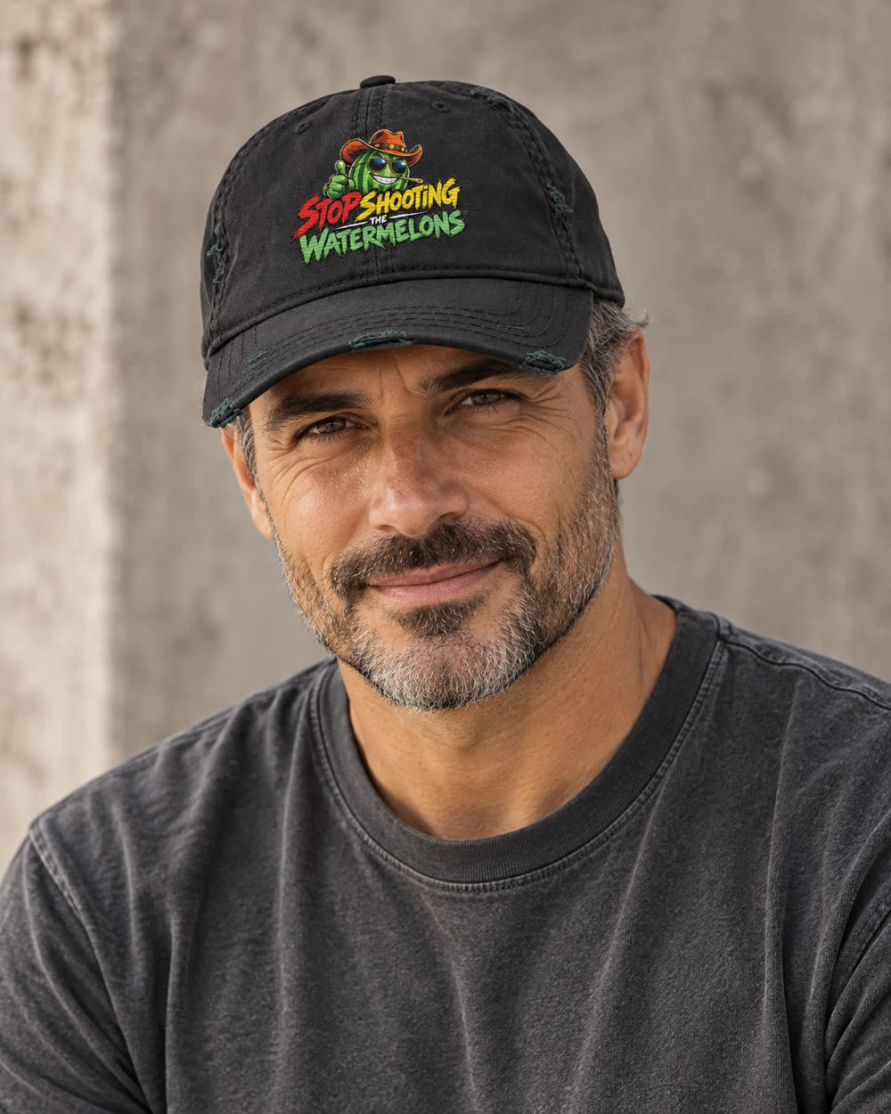 Still Grinning - Distressed Cap worn by a model